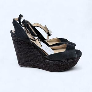 Black Suede Open Toe Espadrille Wedge Sandal Strappy Jute Platform Gritty Boho